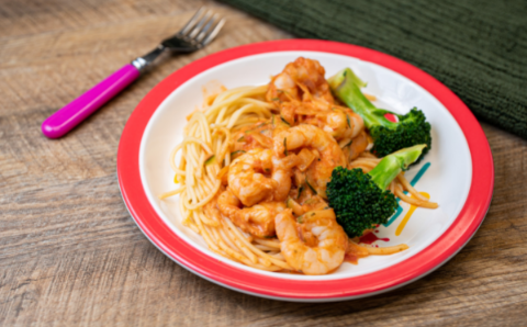 Tomato Prawn Pasta with Garlic fried Broccoli and Green beans